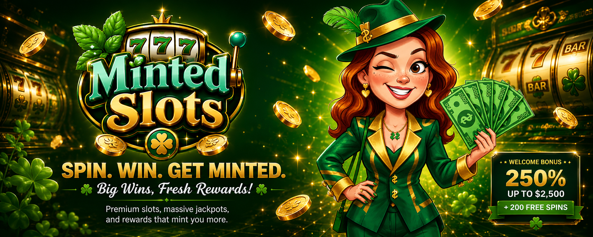 Minted Slots casino welcome banner with slot reels, gold coins, and a green-suited host