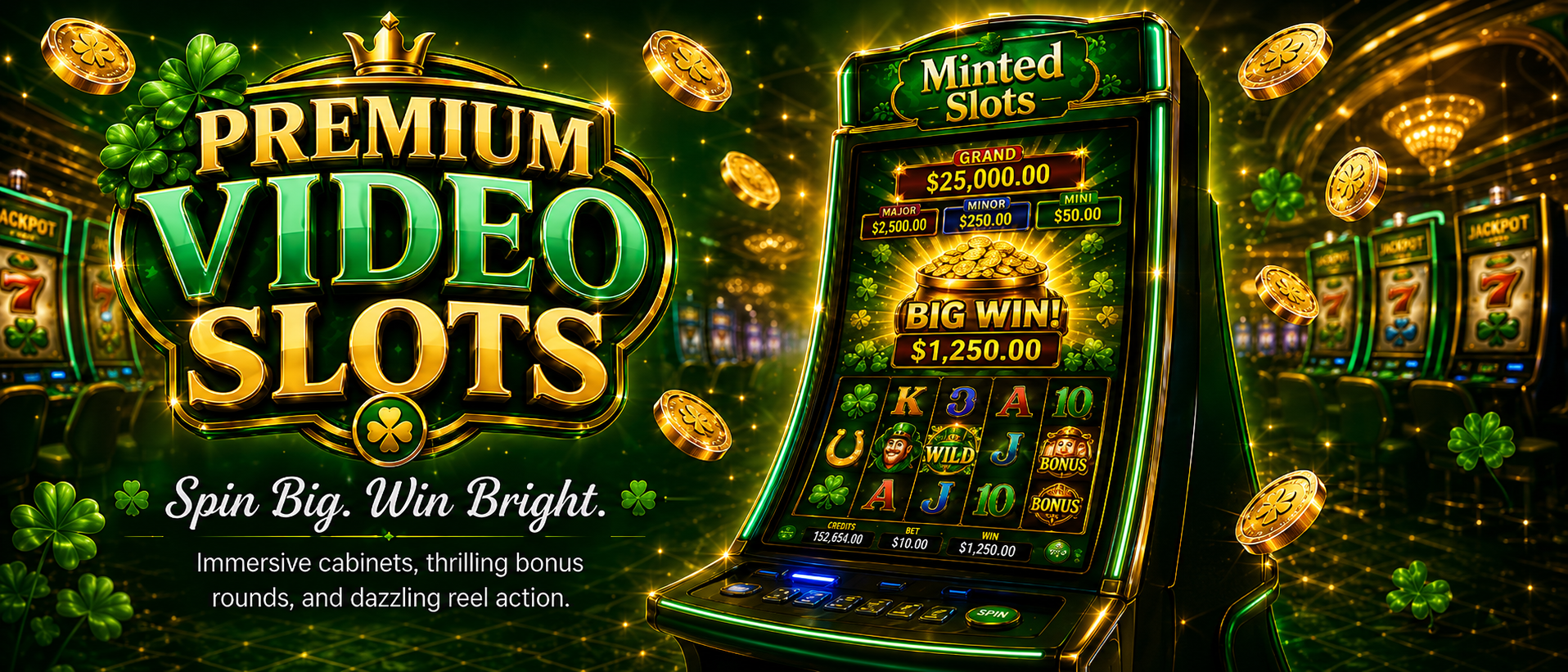 Minted Slots premium video slot cabinet in a green and gold casino