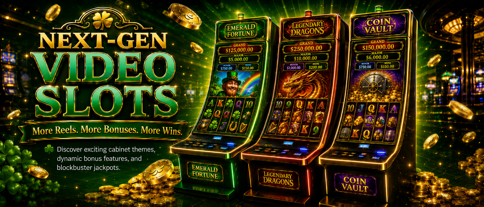 Three next-generation casino slot cabinets surrounded by gold coins
